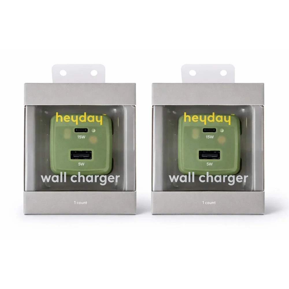 Lot of 2 Heyday USB-C USB-A Wall Charger‎ 20W Total Output Green Fast Charging
